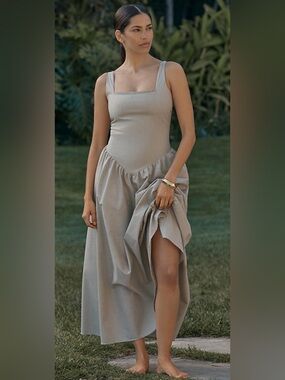 Peixoto Harlow Dress Large Sand Burlap Drop Waist Tie Strap Midi Anthropologie